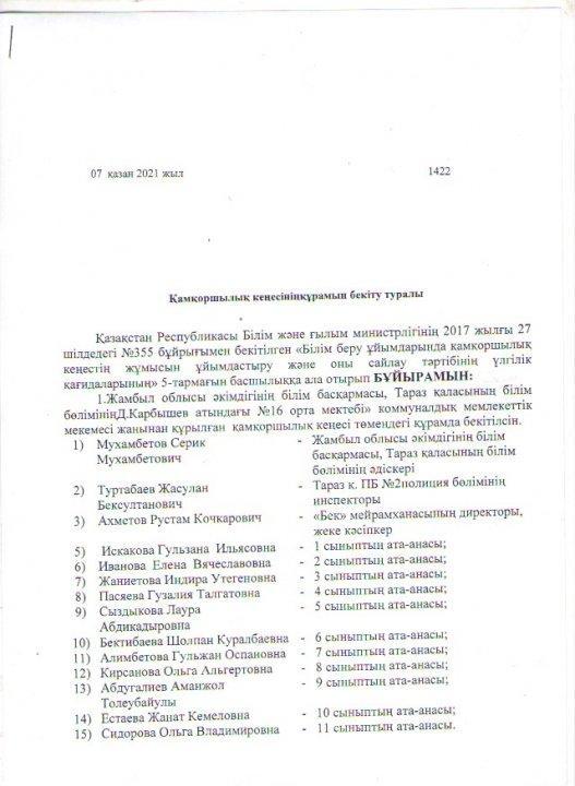 Қамқоршылық кеңесінің құрамын бекіту туралы