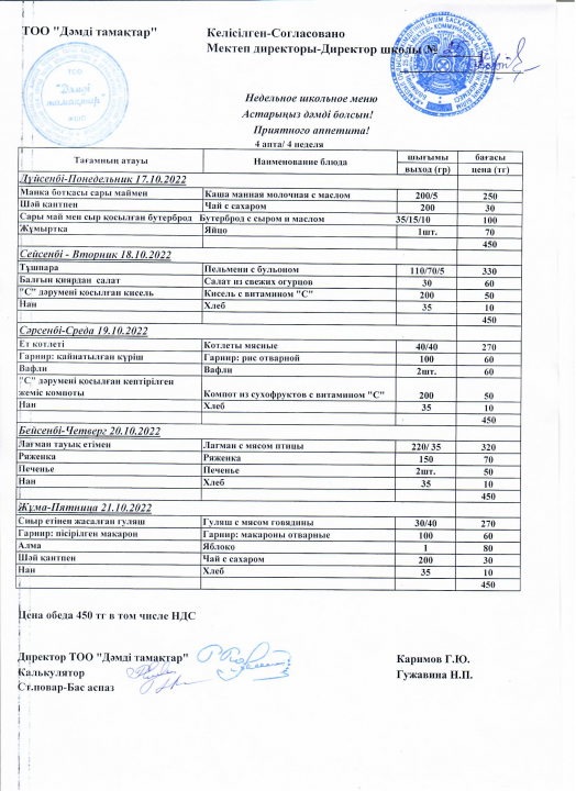 Апталық ас мәзірі. 17.11. - 21.11.2022 аралығындағы мектептің апталық ас мәзірі