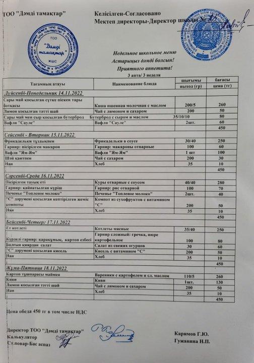 Апталық ас мәзірі. 14.12. - 18.12.2022 аралығындағы мектептің апталық ас мәзірі