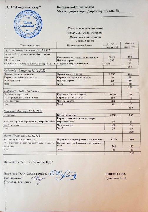 Апталық ас мәзірі. 14.11. - 18.11.2022 аралығындағы мектептің апталық ас мәзірі