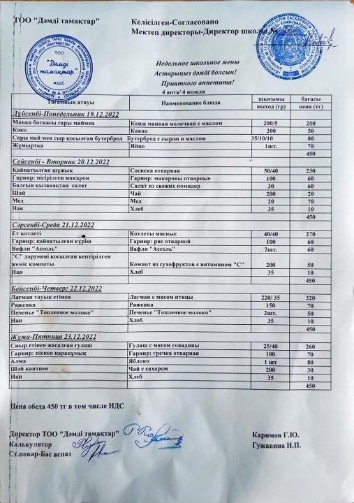 Апталық ас мәзірі. 19.12. - 23.12.2022 аралығындағы мектептің апталық ас мәзірі