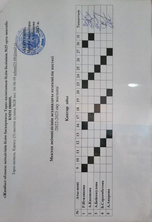 Мектеп асханасындағы әкімшілік кезекшілік кестесі