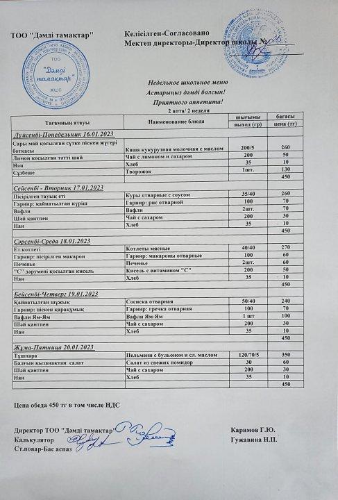 Апталық ас мәзірі. 16.01. - 20.01.2022 аралығындағы мектептің апталық ас мәзірі