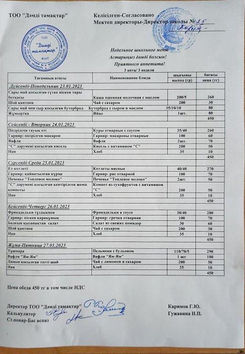 Апталық ас мәзірі. 23.01. - 27.01.2022 аралығындағы мектептің апталық ас мәзірі