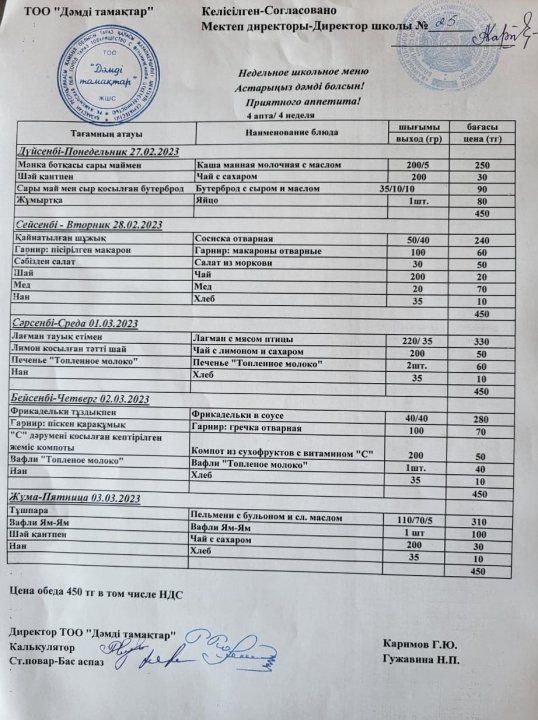 Апталық ас мәзірі