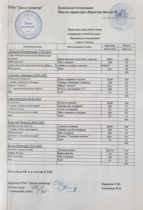 Апталық ас мәзірі