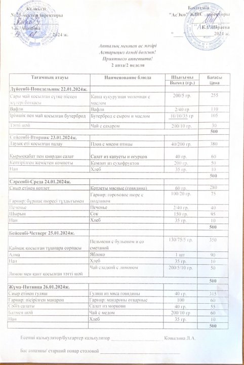 22.01.2024-26.01.2024 аралығында ас мәзірі