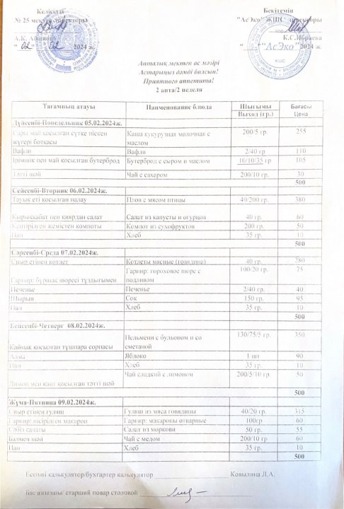 05.02.2024-09.02.2024 аралығында ас мәзірі