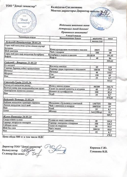 20.05 - 24.05.2024 аралығындағы ас мәзірі