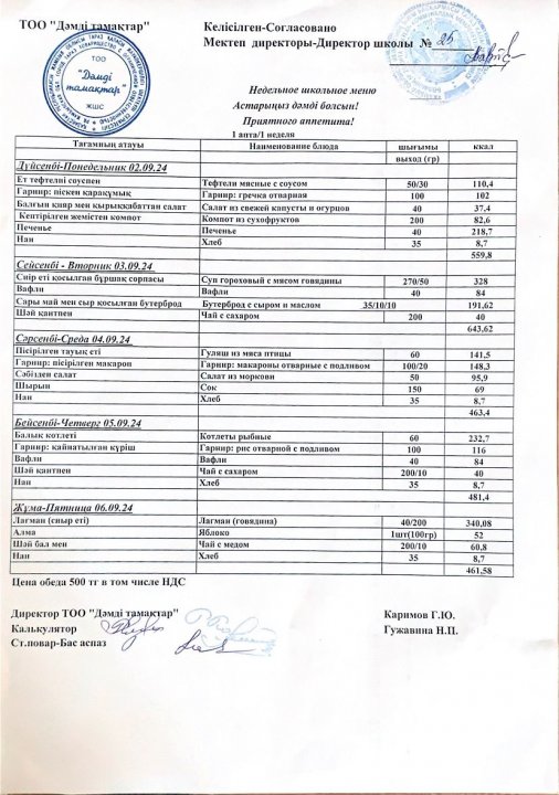02.09.24- 06.09.24 аралығындағы ас мәзірі