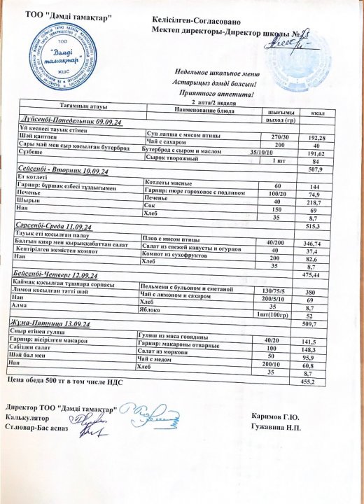 09.09.24 - 13.09.24 аралығындағы ас мәзірі