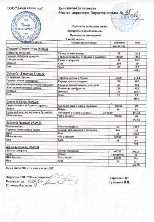 16.09.24 - 20.09.24 аралығындағы ас мәзірі