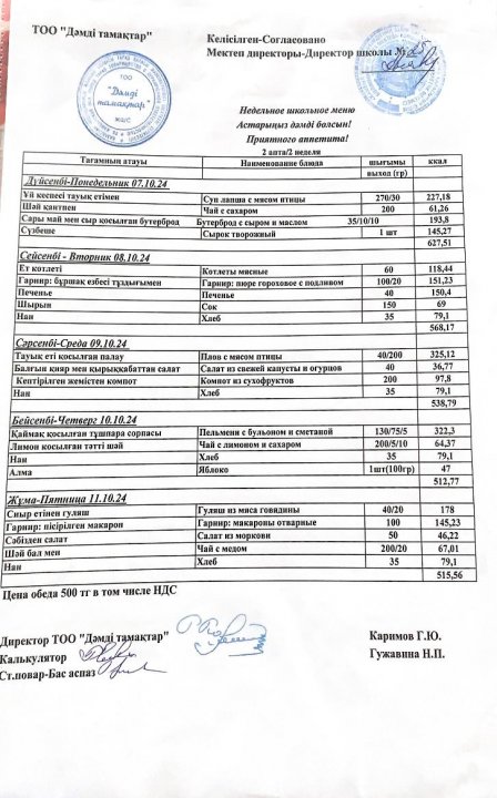 07.10.24 - 11.10.24ж. аралығындағы ас мәзірі