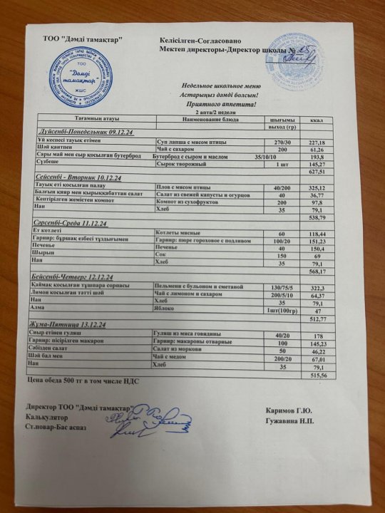 09.12.2024-13.12.2024 аралығындағы ас мәзірі