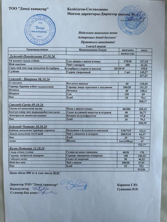 07.10.2024-11.10.2024 аралығындағы ас мәзірі