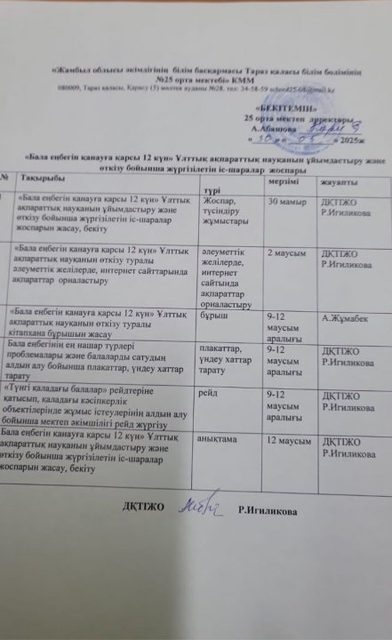 "Бала еңбегін қанауға қарсы 12 күн" Ұлттық ақпараттық науқаны 2 маусым күні жоспары жасалып, жасалып ДҚТІЖО Р. Игиликова оқушыларға түсіндірме жұмыста