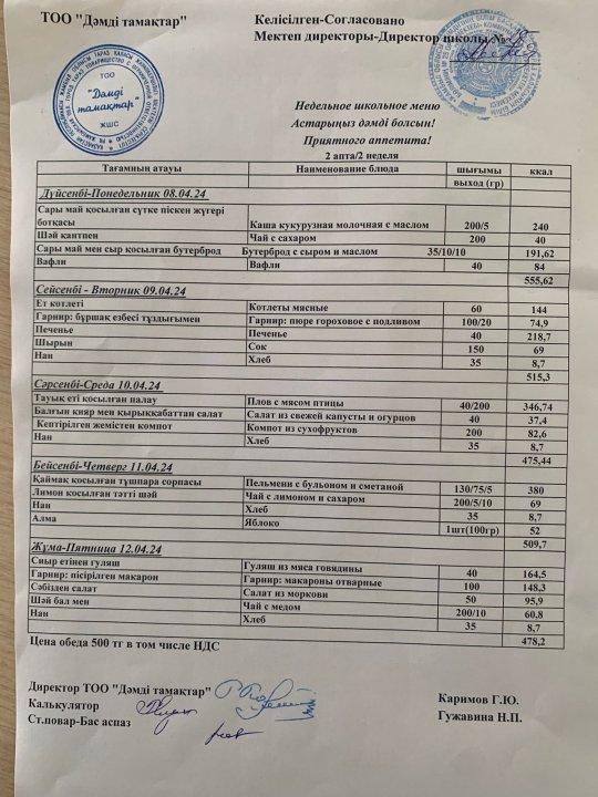 08.04.2024-12.04.2024 аралығында тамақтану кестесі