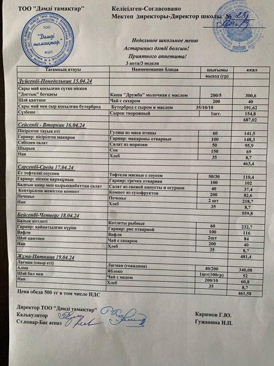15.04.2024 - 19.04.2024 аралығында ас мәзірі
