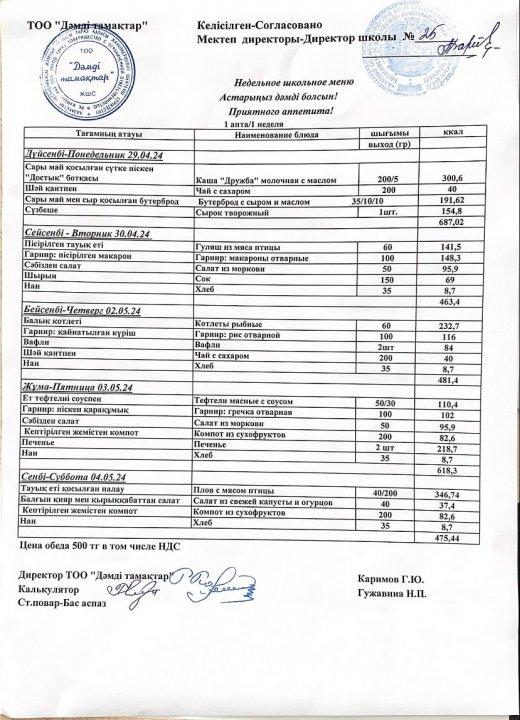 29.04.24 - 04.05.24 аралығында ас мәзірі
